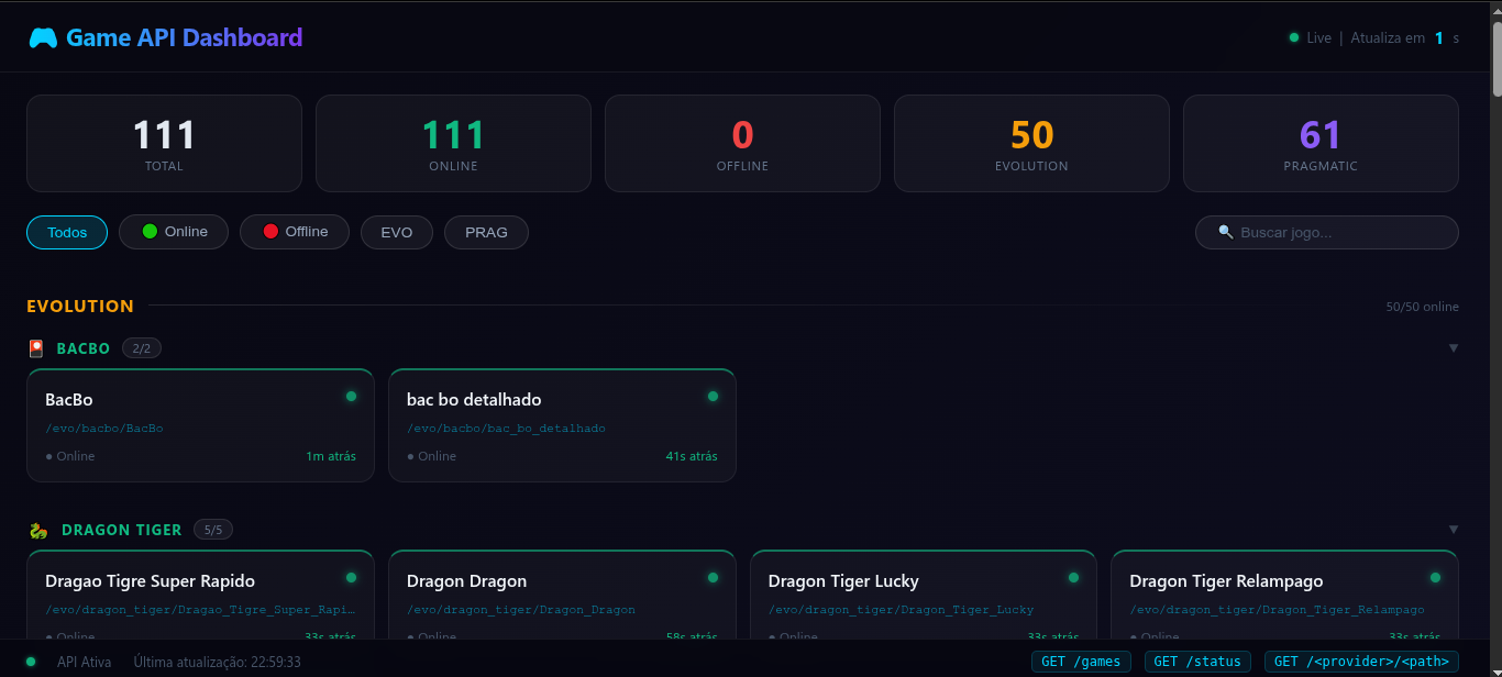 Preview da API para games Evolution e Pragmatic